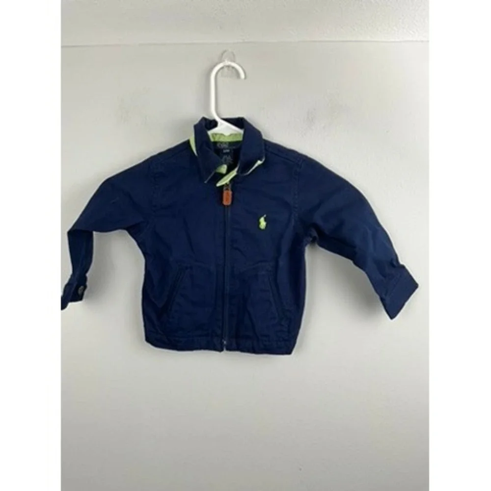 Kids Polo Ralph Lauren Navy Blue Zip Up Jacket Neon Green Collar Size‎ 4